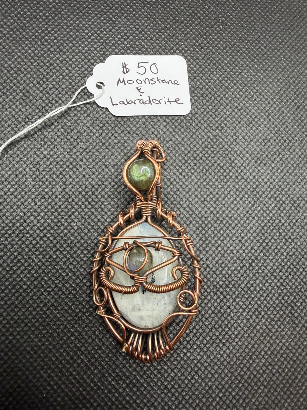 Handcrafted Copper Wire Moonstone & Labradorite Pendant 2.5”